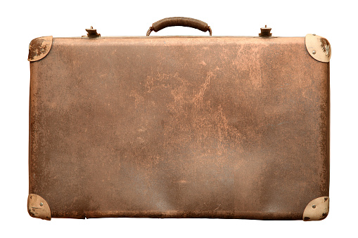 Old wooden suitcase, isolated on white background.