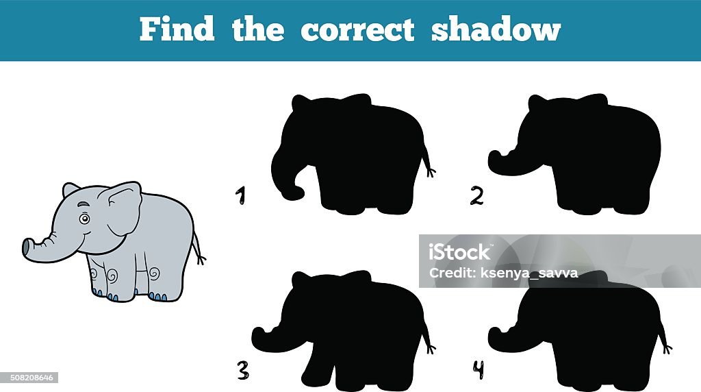 Find the correct shadow (elephant) Find the correct shadow, education game for children (elephant) Drawing - Activity stock vector