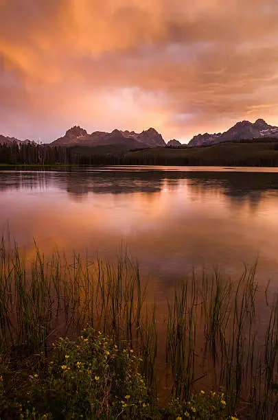 Beautiful sunset with dramatic sky at Little Redfish Lake in Stanley, Idaho, USA