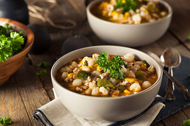 Hot Homemade White Bean Chicken Chili Hot Homemade White Bean Chicken Chili with Peppers and Corn chili con carne photos stock pictures, royalty-free photos & images