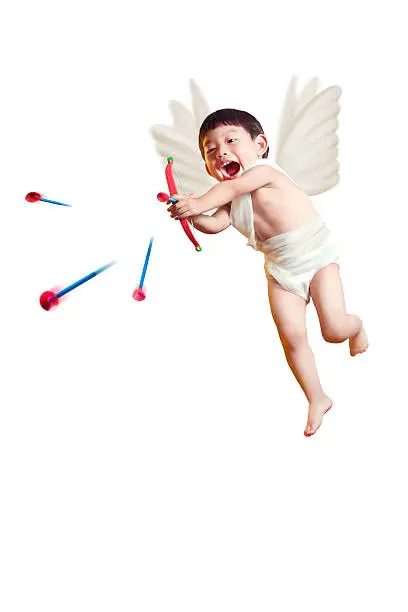 Photo of asian boy cupid with a bow and arrows isolated white