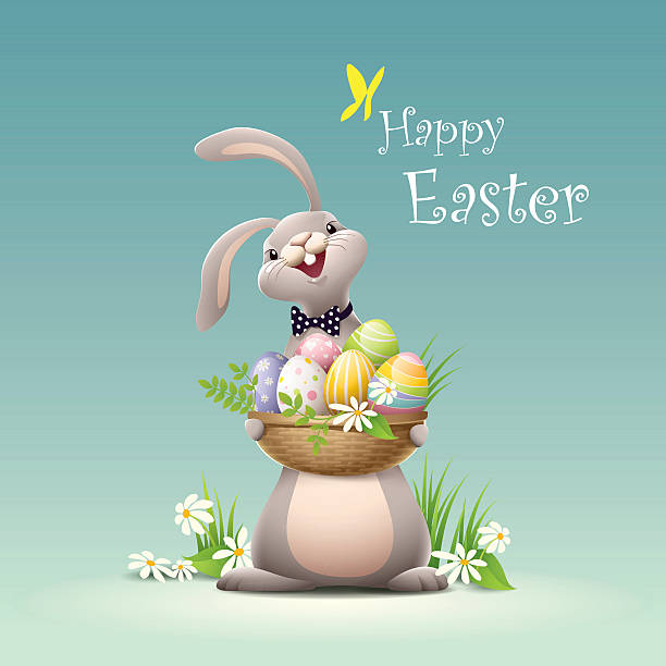 Happy Easter Bunny Holding Basket Full Of Eggs Stock Illustration -  Download Image Now - Easter, Rabbit - Animal, Basket - iStock