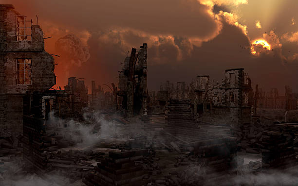 Ruined city with smoke Apocalyptic scenery with city ruins the ruined city stock pictures, royalty-free photos & images