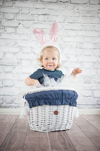 Cute baby bunny in the basket