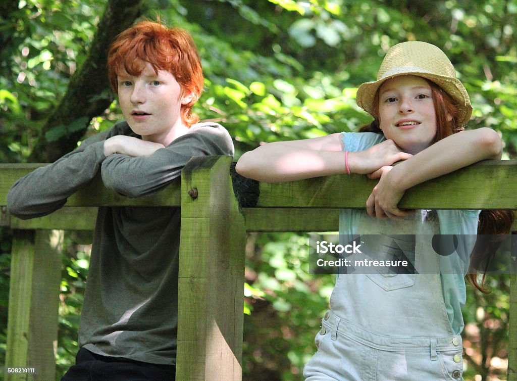 Boy and girl on wooden bridge railings over woodland stream Photo showing a young teenage boy and girl (brother and sister / siblings), both with red hair.  They are pictured sitting and leaning on the railings of a wooden bridge, in the dappled shade of a woodland, looking down at the stream beneath them.  The forest canopy is lit by the afternoon sun behind them. Adolescence Stock Photo