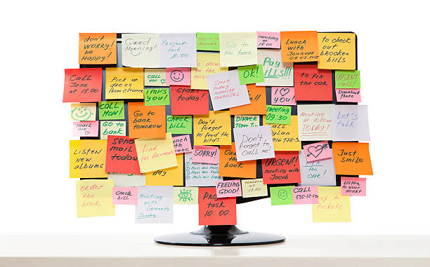 Monitor with post-it notes stock photo