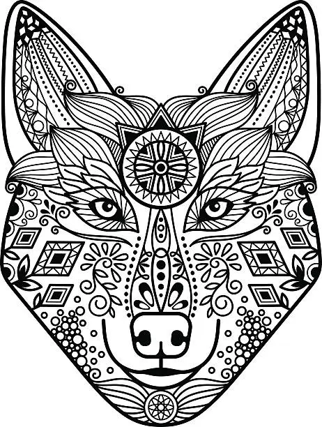 Vector illustration of Wolf head with hand drawn ornament