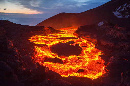 The lava lake of a volcanic eruption on Kamchatka