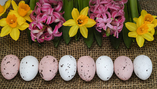 Easter Eggs, Daffodils, Pink Vase