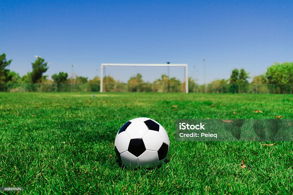 Soccer Ball with a Goal at a Field Soccer Ball with a Goal at a Field in California Mountains California Stock Photo