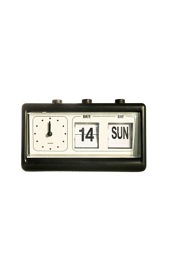 Flip clock and calendar retro style in white background which set time at twelve on sunday 14 