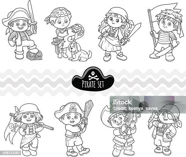 Vector Colorless Set Of Characters Pirates Stock Illustration - Download Image Now - Coloring, Pirate - Criminal, Adventure