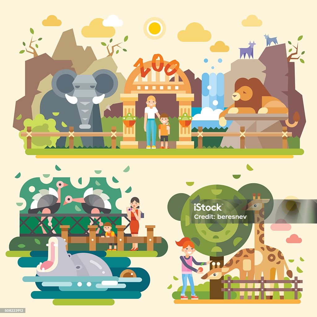 Let's go to the zoo! Take your children and let's go to the Zoo! Kind Elephant, majestic lion, huge yawning hippopotamus, ostriches, giraffes, happy kids. Flat vector illustrations Zoo stock vector