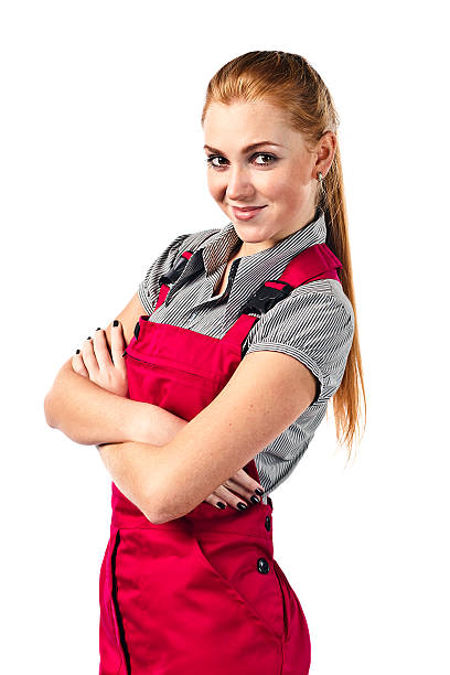istock Young happy woman in red overalls 508229125
