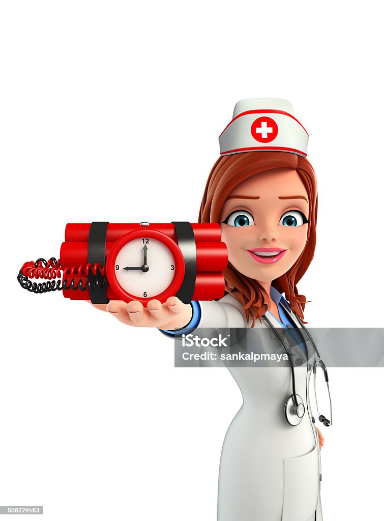 Nurse Character with bomb Cartoon Character of Nurse with bomb Accidents and Disasters Stock Photo