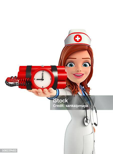 Nurse Character With Bomb Stock Photo - Download Image Now - Accidents and Disasters, Adult, Analyzing