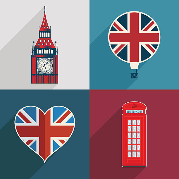 uk decorations set of uk decoration cards with big ben, heart, hot air balloon and phone box blue pay phone stock illustrations