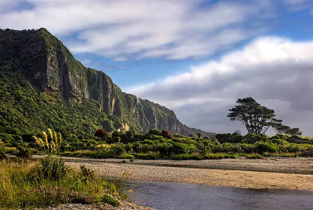 Punakaiki cliffs and river mouth, West Coast, South Island, New Zealand