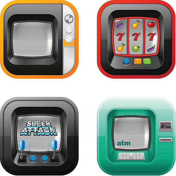 복고풍 tv, atm (비동기 전달 모드) 및 게임 발행기 아이콘 - arcade amusement arcade leisure games machine stock illustrations