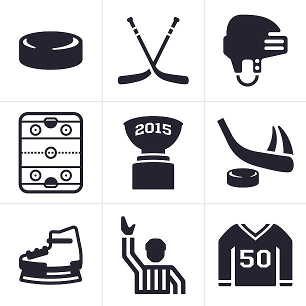 ilustraciones, imágenes clip art, dibujos animados e iconos de stock de hockey iconos y símbolos - slap shot