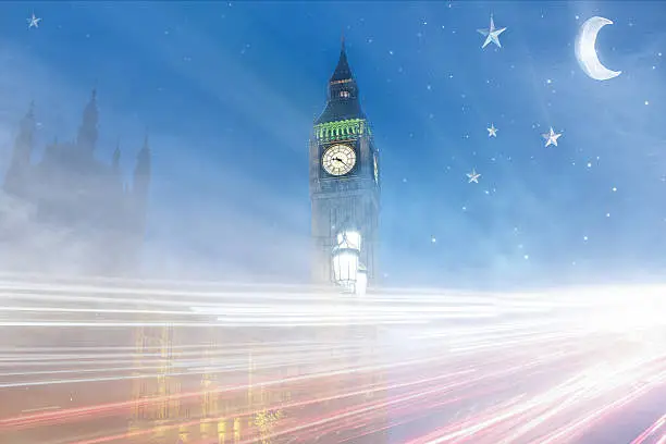 Photo of London Big Ben with car lights in a cartoon mode