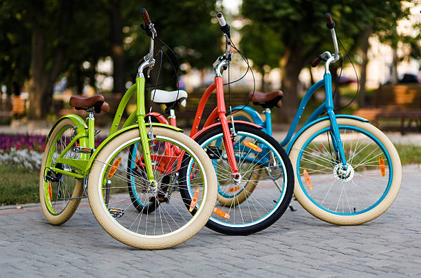 istock Three beautiful lady city bikes 508249116