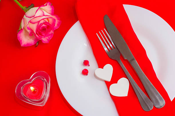 istock Romantic dinner on a red background. Valentines Day 508249860