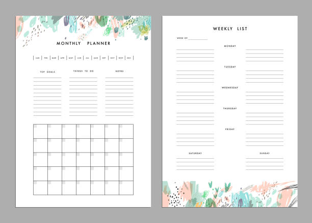Monthly Planner plus Weekly List Templates vector art illustration