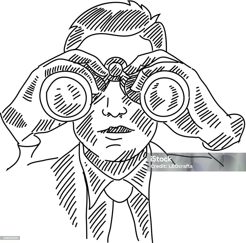 Business Man Looking Through Binoculars Drawing Stock Illustration