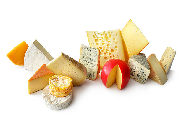 formaggio : variazione sola su sfondo bianco - cheese isolated portion dutch culture foto e immagini stock
