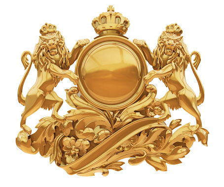 Antiguo escudo dorado con leones aislar photo