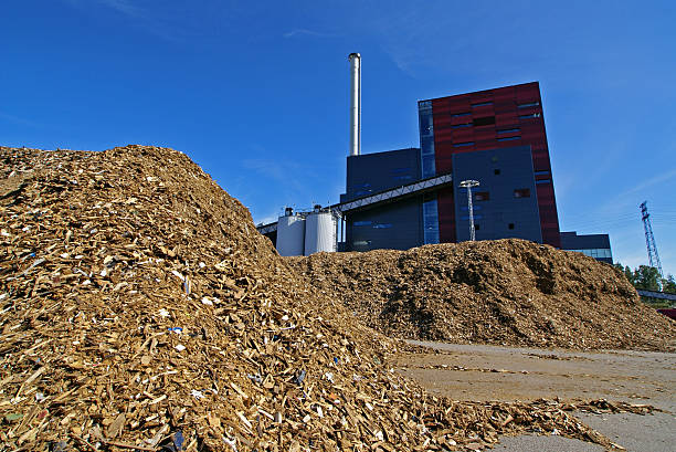 bio power plant with storage of wooden fuel (biomass) stock photo