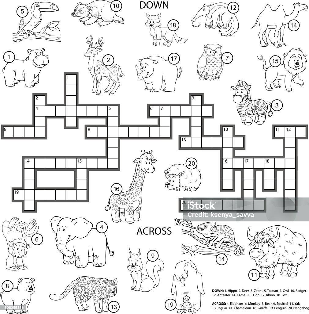 Vector colorless crossword about animals Vector colorless crossword, education game for children about animals Animal stock vector