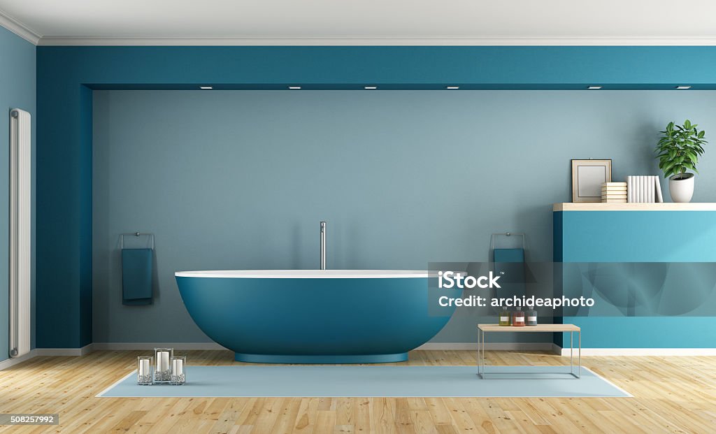 Blue modern bathroom Blue modern bathroom with contemporary bathtub - 3D Rendering Domestic Bathroom Stock Photo