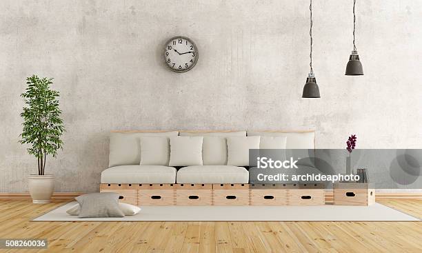 White Living Room In Rustic Style Stock Photo - Download Image Now - Clock, Wall - Building Feature, Pallet - Industrial Equipment