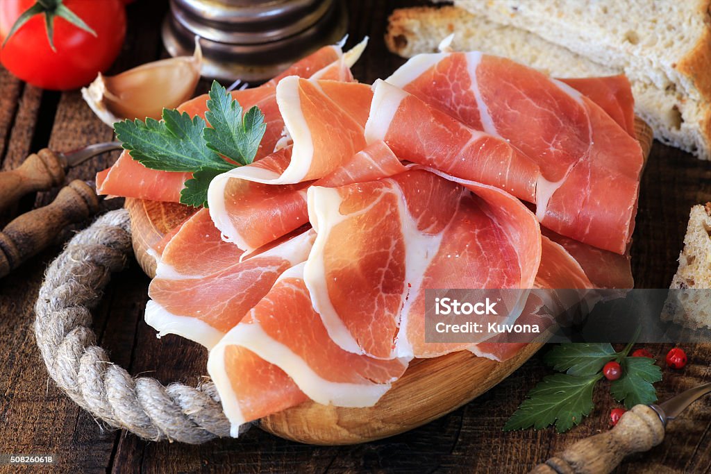 Jamon serrano or prosciutto Jamon serrano - Spanish cured ham or Italian prosciutto Prosciutto Stock Photo