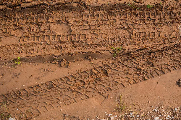 Photo of Texture of wet brown mud with car tyre tracks