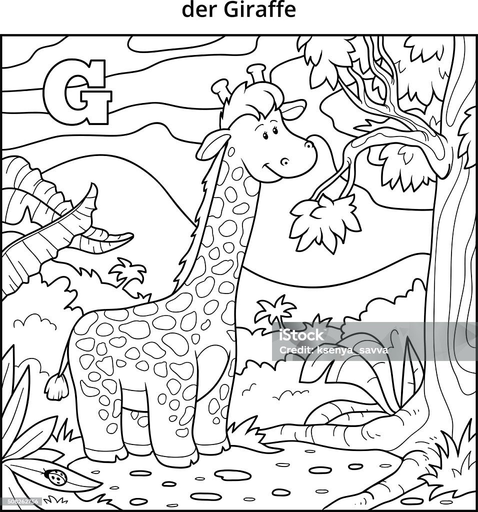 German alphabet, letter G (giraffe and background) German alphabet, vector illustration (letter G). Colorless image (giraffe and background) Activity stock vector