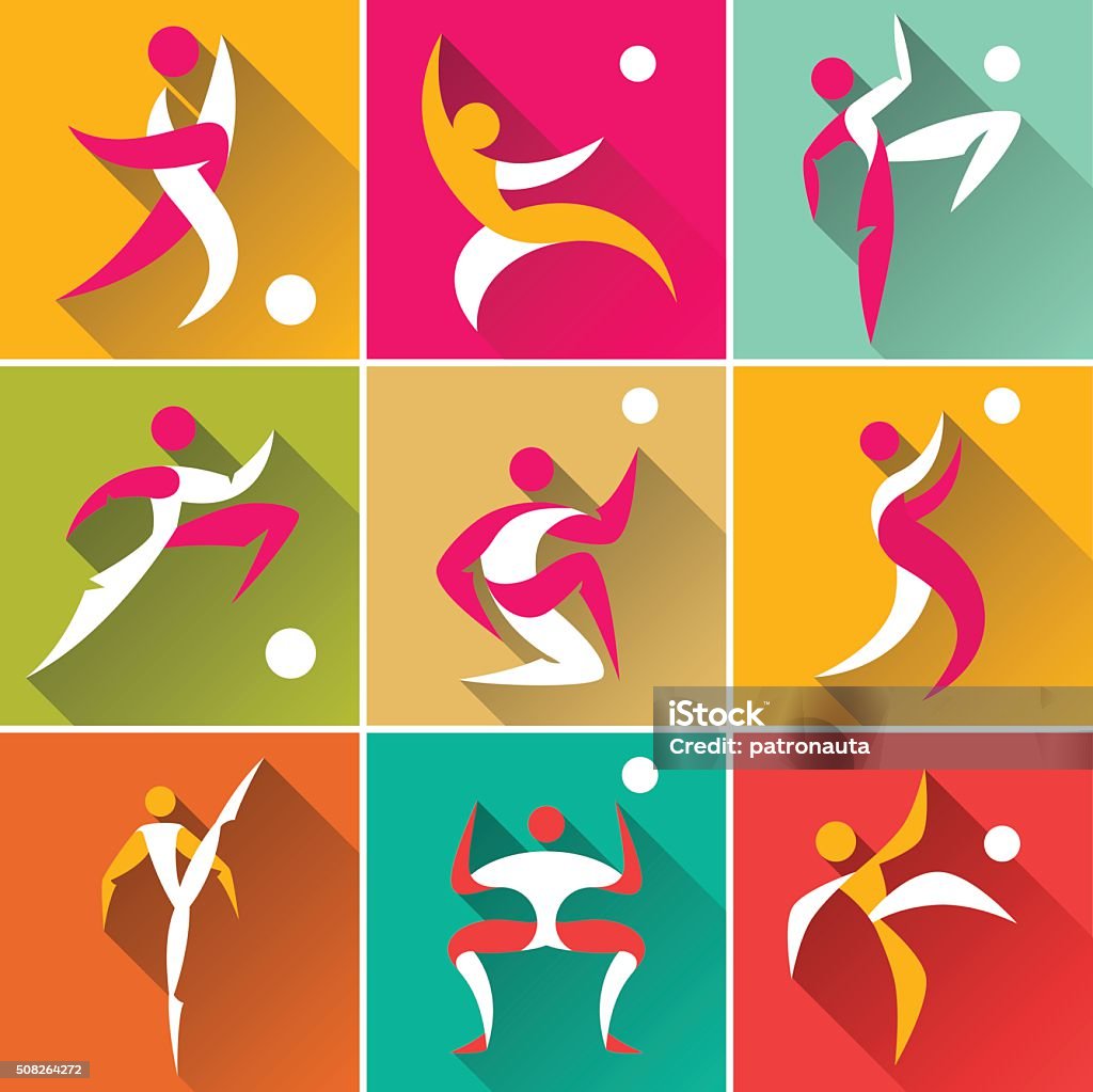 Human sport icons set Set of nine dynamic positions abstract Humans with ball. Illustrations on colored background. Abstract stock vector