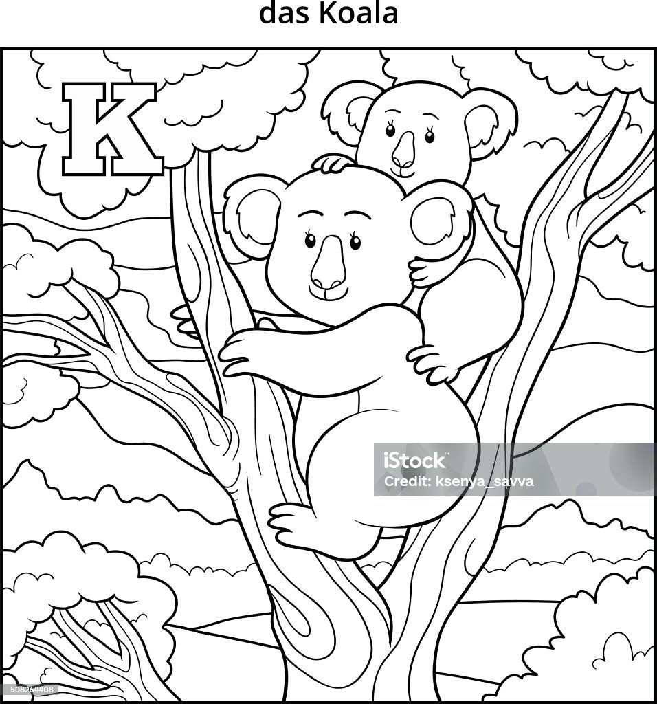 German alphabet, letter K (koala and background) German alphabet, vector illustration (letter K). Colorless image (koala and background) Animals In The Wild stock vector