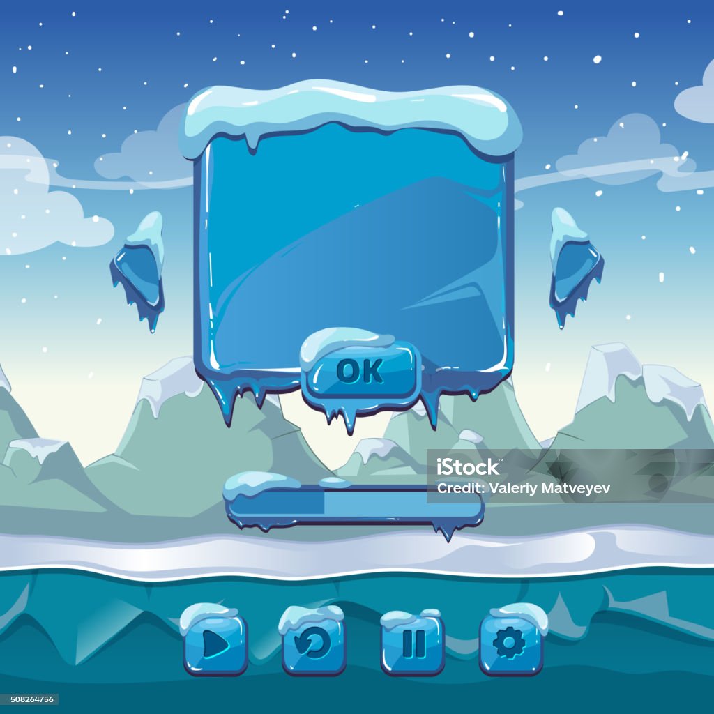 Main winter game menu Main winter game menu. Interface cartoon gui, ice and cold, app button, vector illustration Ice stock vector