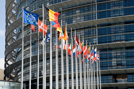 Europarliament. Flags of the countries of the European Union.