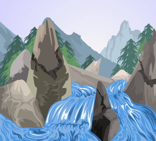 美しい滝の風景 - waterfall river tropical rainforest vector点のイラスト素材／クリップアート素材／マンガ素材／アイコン素材