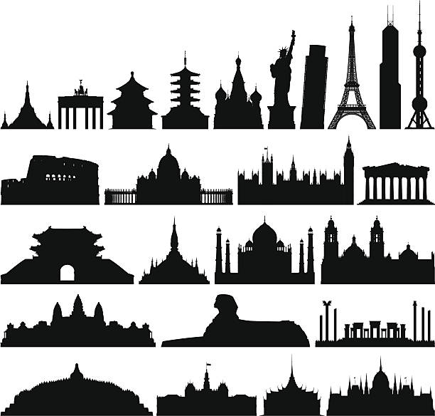 невероятно подробно world monuments - silhouette back lit built structure shrine stock illustrations