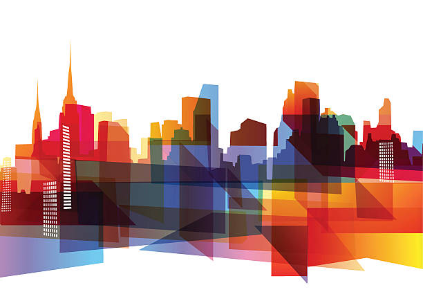 Geometric city skyline Abstract geometric city skyline with cool vibrant colors.  cityscape backgrounds stock illustrations
