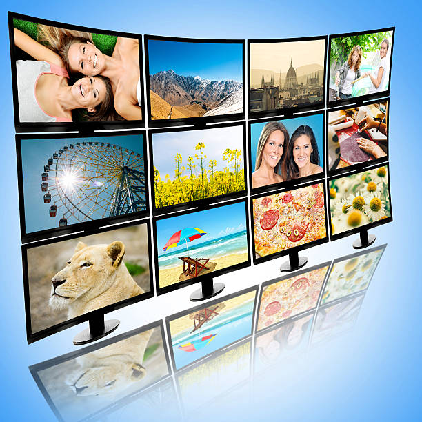 istock Media concept with TV screens broadcasting different cable television content 508273169
