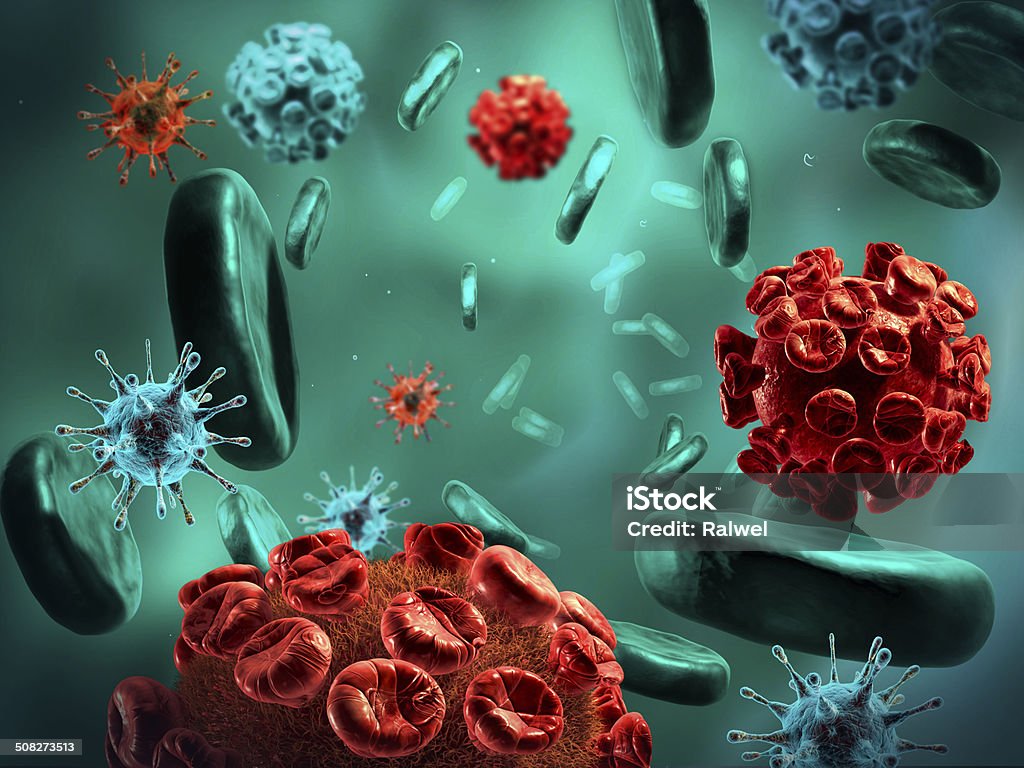 Detailed 3d illustration of Viruses and blood cells. Autoimmune Disease Stock Photo