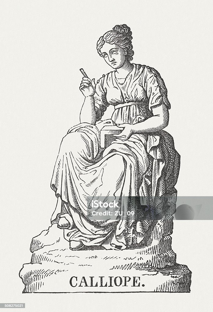 Calliope, Greek muse of epic poetry, wood engraving, published 1878 Calliope - the Greek muse of epic poetry. Woodcut engraving from the the book "Der Olymp oder die Mythologie der Griechen und Römer (The Olympus or the Mythology of the Greeks and Romans)", published by A.H. Petiscus in C.F. Amelang's Verlag, Leipzig (1878, 18th edition) Calliope stock illustration