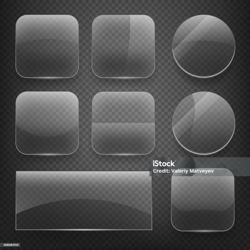 Glass square, rectangular and round buttons on checkered background. Vector Glass square, rectangular and round buttons on checkered background. Gloss glass, blank glass, empty round glass, shiny glass button, rectangular transparent glass. Vector illustration icons set Push Button stock vector