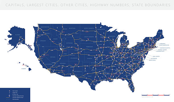 illustrations, cliparts, dessins animés et icônes de un plan de route vectorielle détaillée des états-unis - interstate